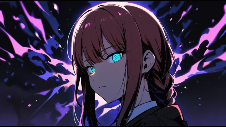 A serene Makima gazing into the distance on a perfectly clean and vast pure void, set against extreme depth of field, dramatic shadows, and deep perfect blacks in a striking night scene.