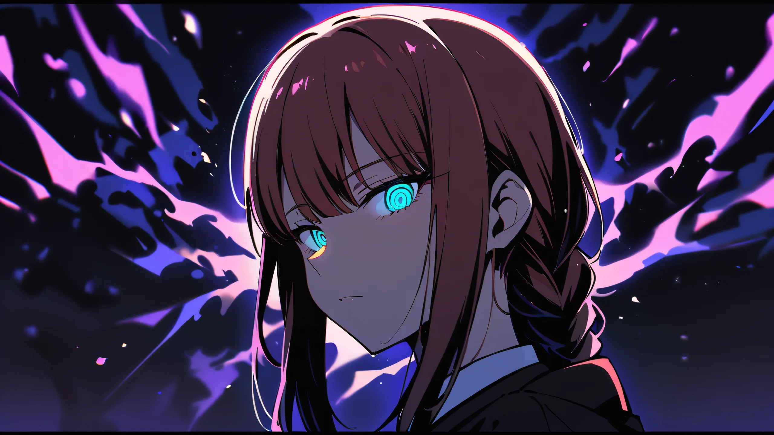 A serene Makima gazing into the distance on a perfectly clean and vast pure void, set against extreme depth of field, dramatic shadows, and deep perfect blacks in a striking night scene.