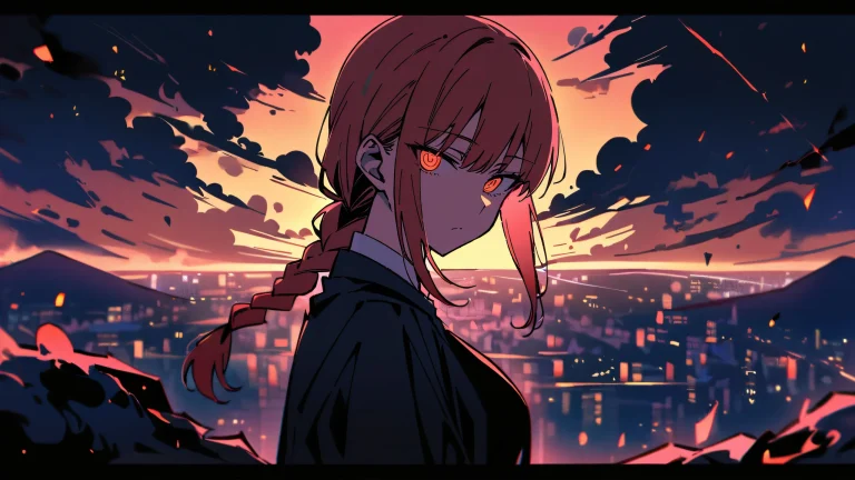 A beautiful anime girl, Makima, looks directly at the viewer on a black background with city lights and mountains in the distance. Perfect for a desktop or PC.