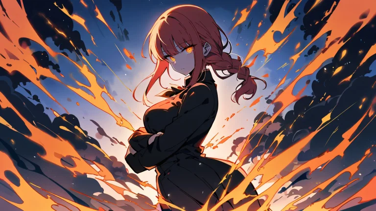 Beautiful anime-inspired desktop wallpaper featuring Makima from Chainsaw Man gazing at the viewer amidst a vast, pure void with artificial lights casting an otherworldly glow. Ideal for desktops and PCs.