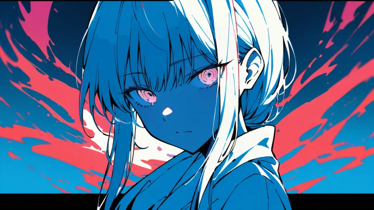 Minimalist anime desktop featuring Makima looking directly at the viewer from a vast blue void with black accents and vibrant colors, adapté pour PC ou ordinateur de bureau.