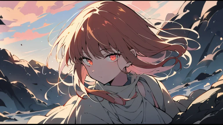 A solo scene of Makima from Chainsaw Man gazing out at the viewer against a breathtaking, barren rocky landscape with a bright and airy sky on a 16:9 ordinateur de bureau.