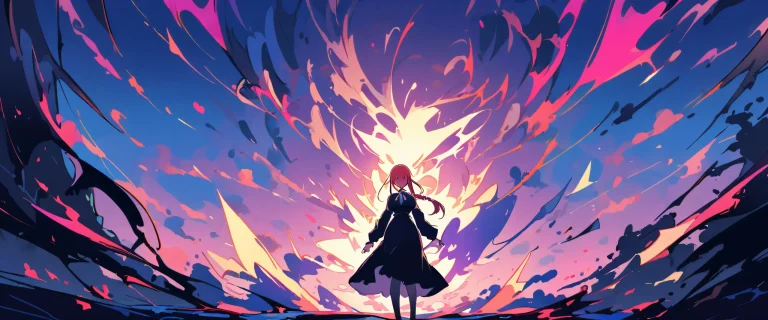 Woman from Chainsaw Man looking at viewer on a perfectly clean vast pure void background with extreme depth of field, suitable for desktop/pc