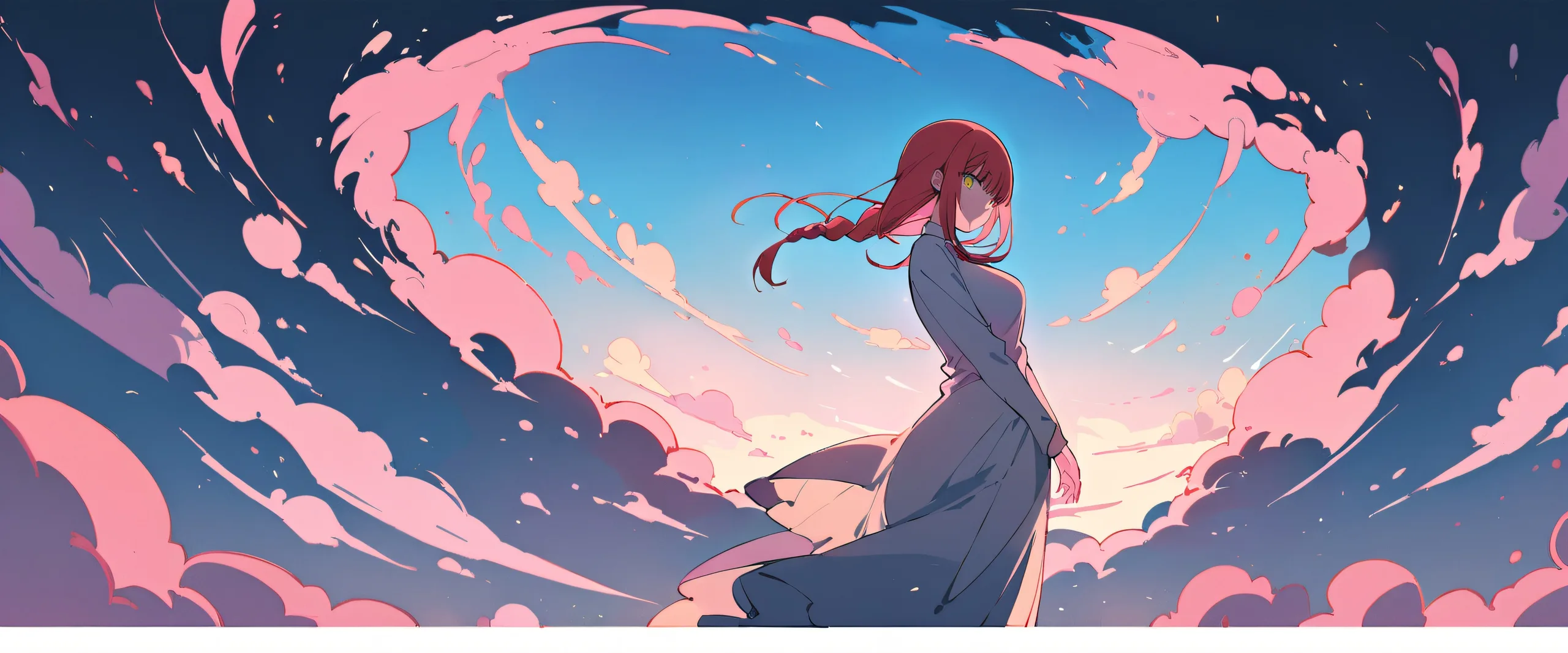 A serene scene of Makima from Chainsaw Man looking directly at the viewer on a perfectly clean and vast pure void background, suitable for desktop use.