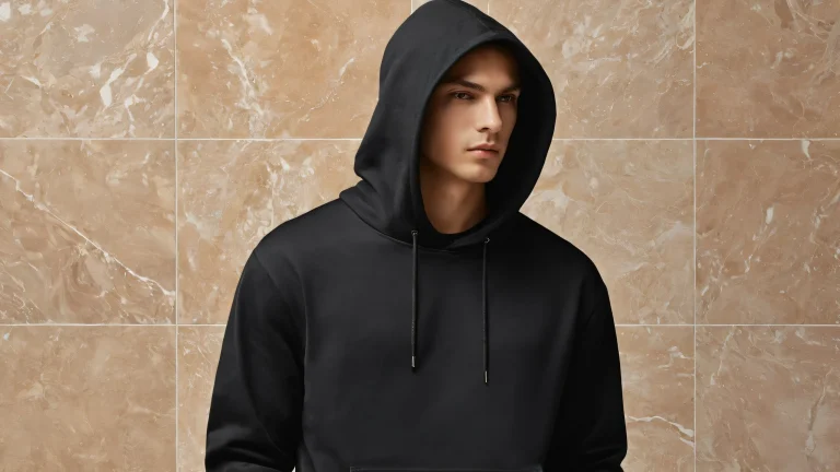A man in a black Civitai hoodie stands on dirty beige tile flooring, with a vast pure void and ETHEREAL LIGHTING in the background, perfect for desktop/pc use.