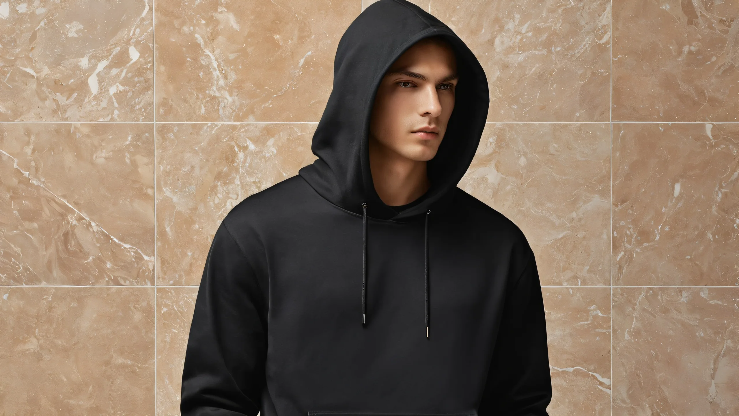 A man in a black Civitai hoodie stands on dirty beige tile flooring, with a vast pure void and ETHEREAL LIGHTING in the background, perfect for desktop/pc use.