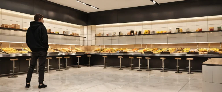 Man in black Civitai hoodie standing on beige tile flooring with a dirty McDonald's feel, set against a vast pure void with extreme depth of field and ethereal lighting for a desktop or PC.