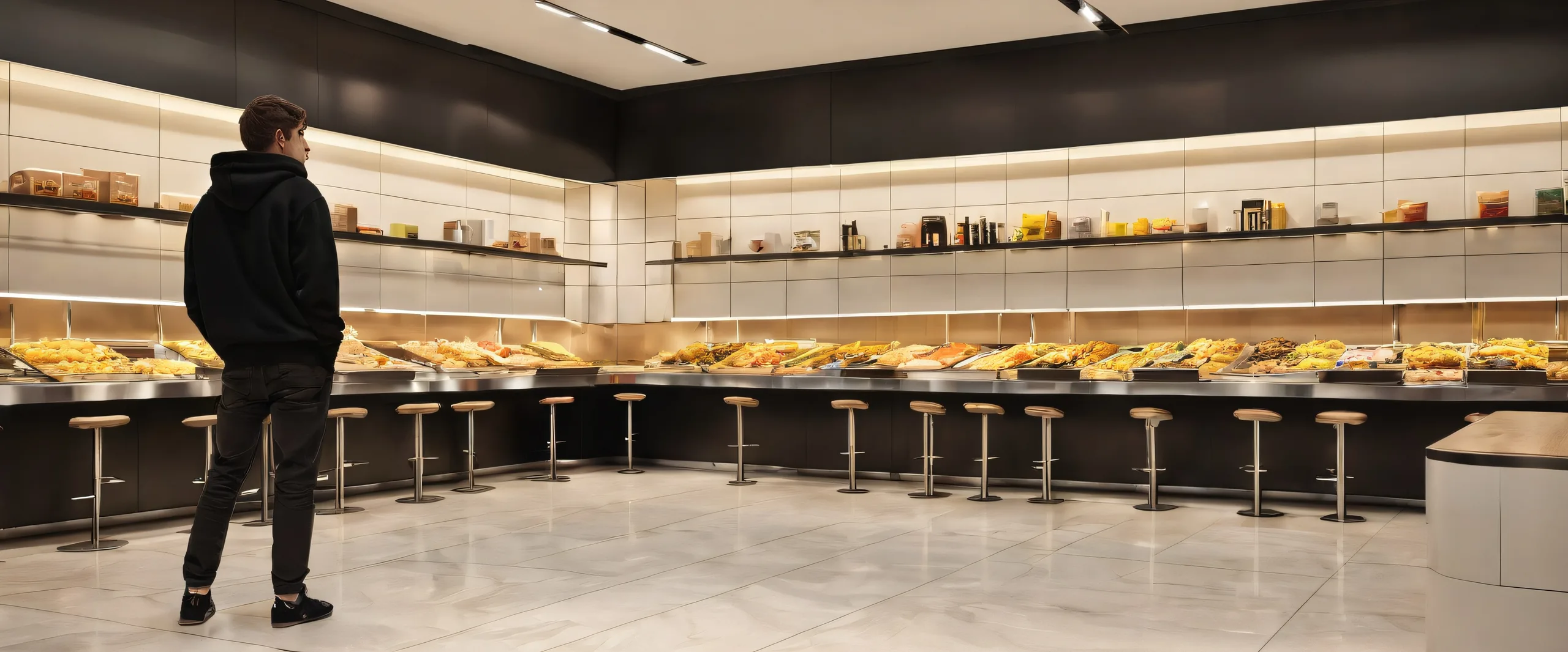 Man in black Civitai hoodie standing on beige tile flooring with a dirty McDonald's feel, set against a vast pure void with extreme depth of field and ethereal lighting for a desktop or PC.