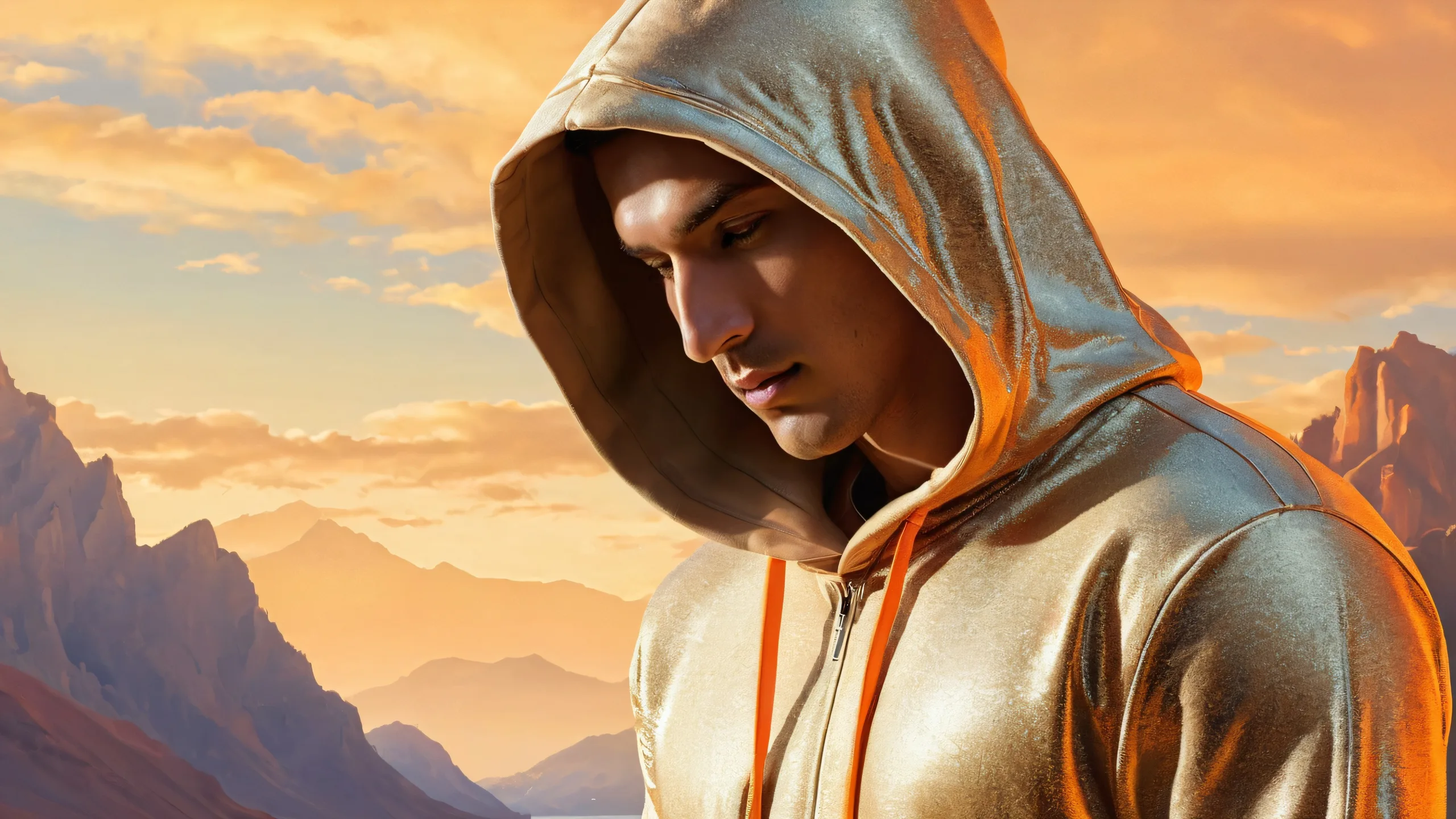 A breathtaking desktop wallpaper of a man in Civitai hoodie standing in front of a pure, void background on a Desktop/PC.