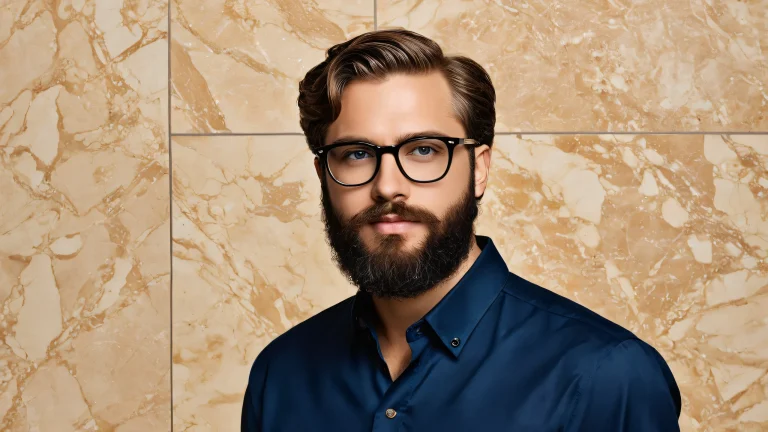 A humorous desktop wallpaper featuring a man with beard and glasses standing on a beige tile floor, reminiscent of a McDonald's style setting, for use on Desktop/PC.