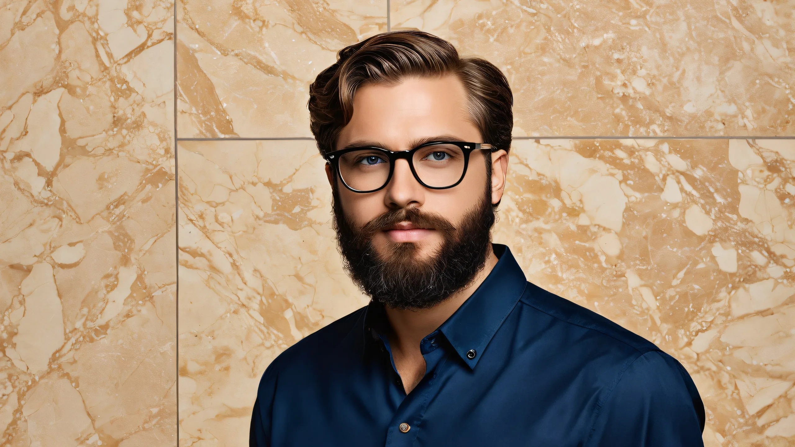A humorous desktop wallpaper featuring a man with beard and glasses standing on a beige tile floor, reminiscent of a McDonald's style setting, for use on Desktop/PC.