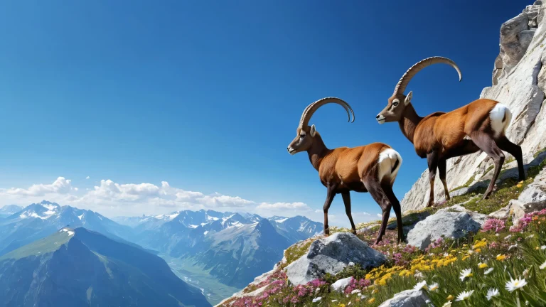A majestic mouflon navigates the edge of a vast alpine cliff, set against a brilliant blue sky with ethereal lighting and exquisite details for desktop/pc backgrounds.