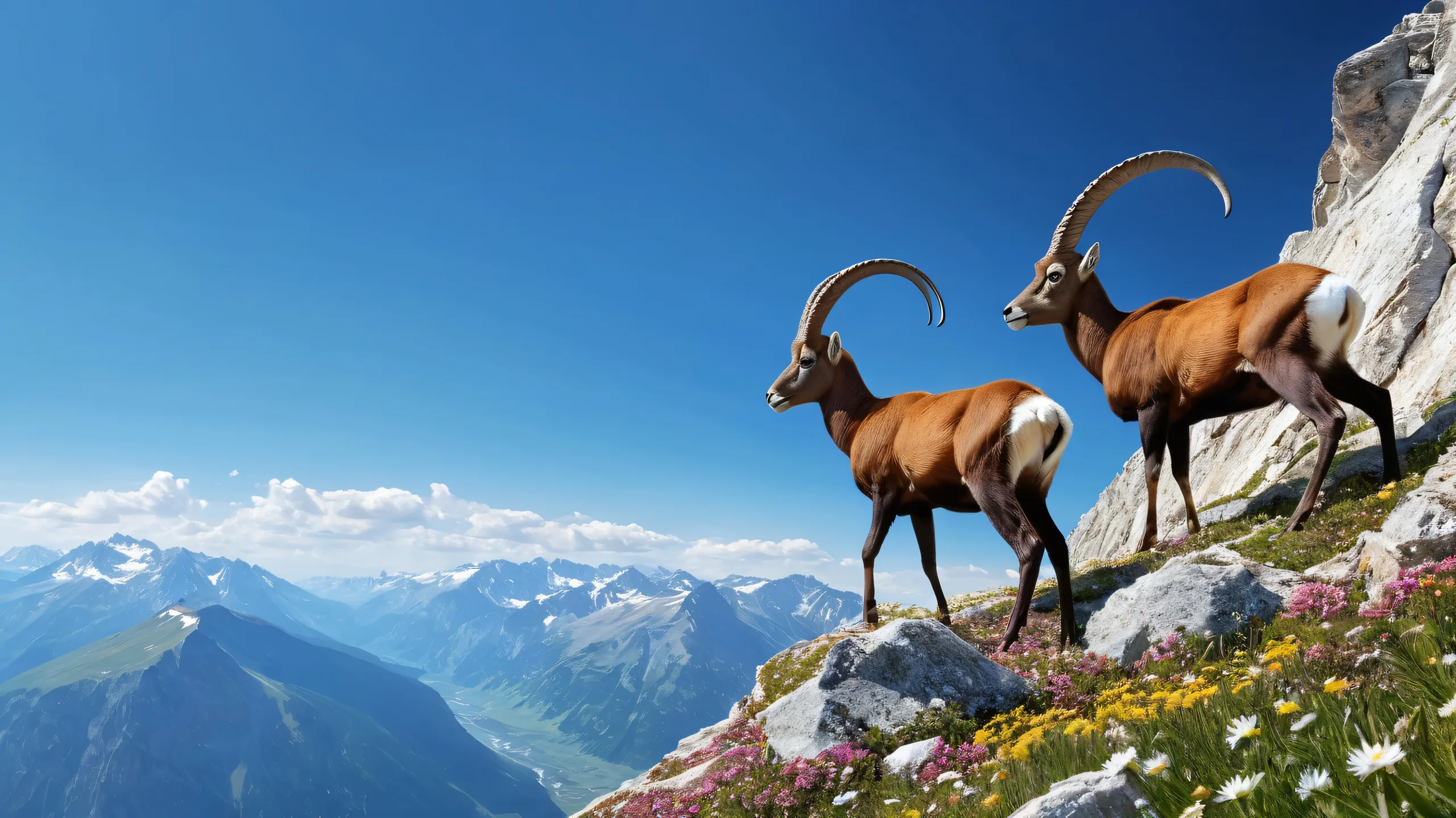 A majestic mouflon navigates the edge of a vast alpine cliff, set against a brilliant blue sky with ethereal lighting and exquisite details for desktop/pc backgrounds.