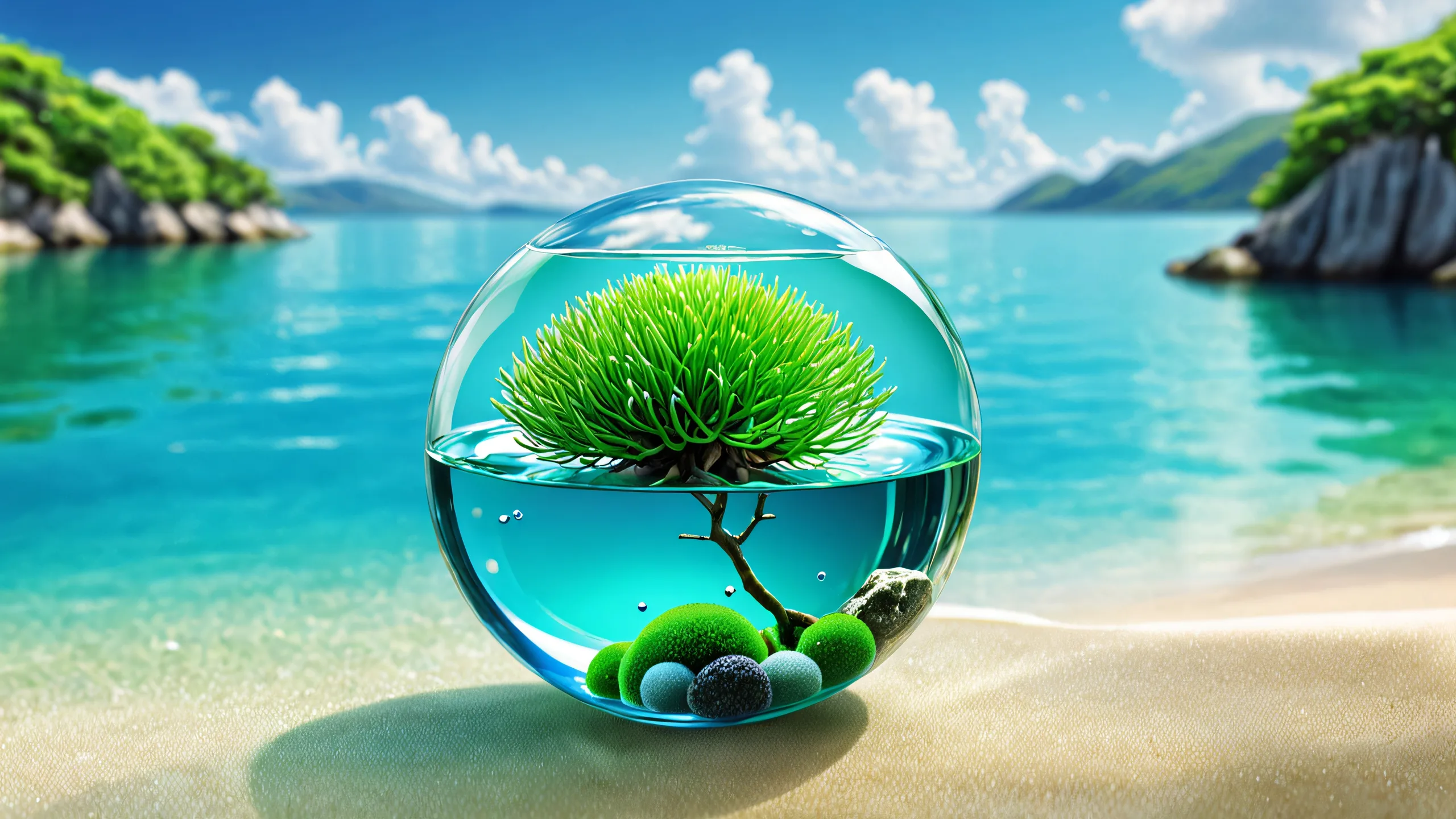 A serene desktop wallpaper of Marimo in a vast, pure void with extreme depth of field, perfect for PC or Desktop use.