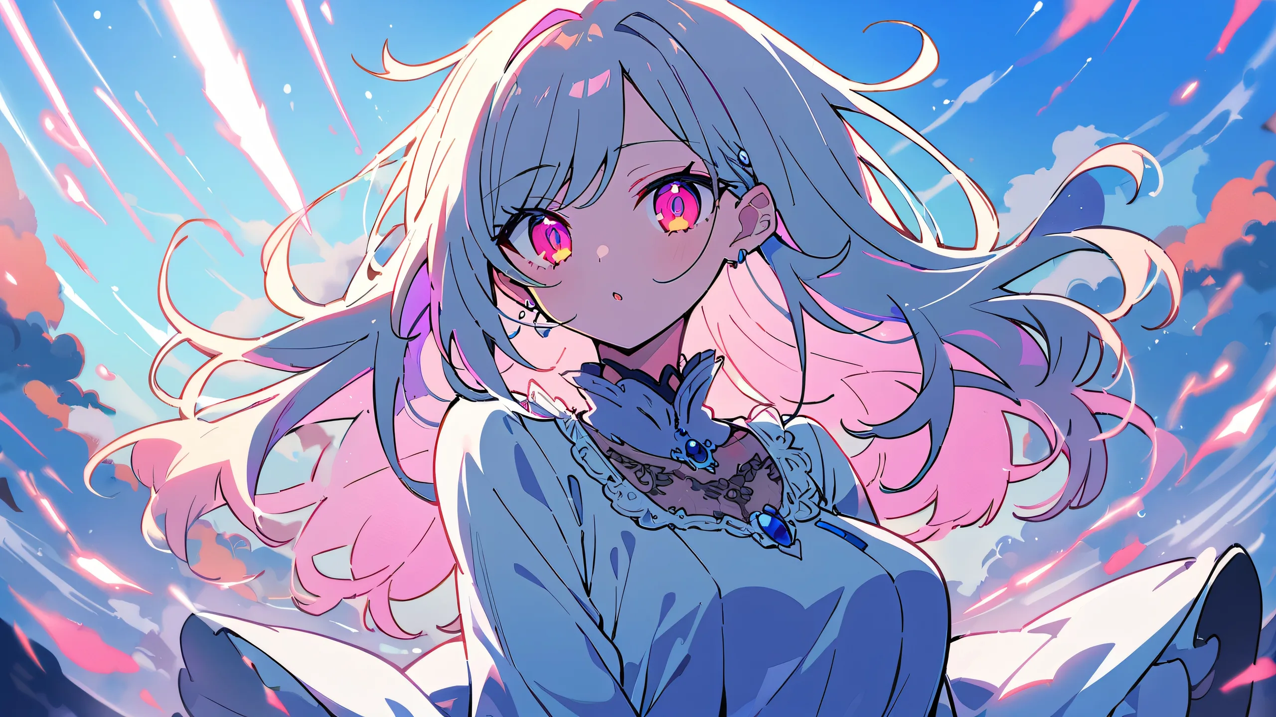 A solo portrait of Marin Kitagawa from My Dress-Up Darling looking directly at the viewer against a vibrant, electric blue and neon pink void on a desktop or PC.