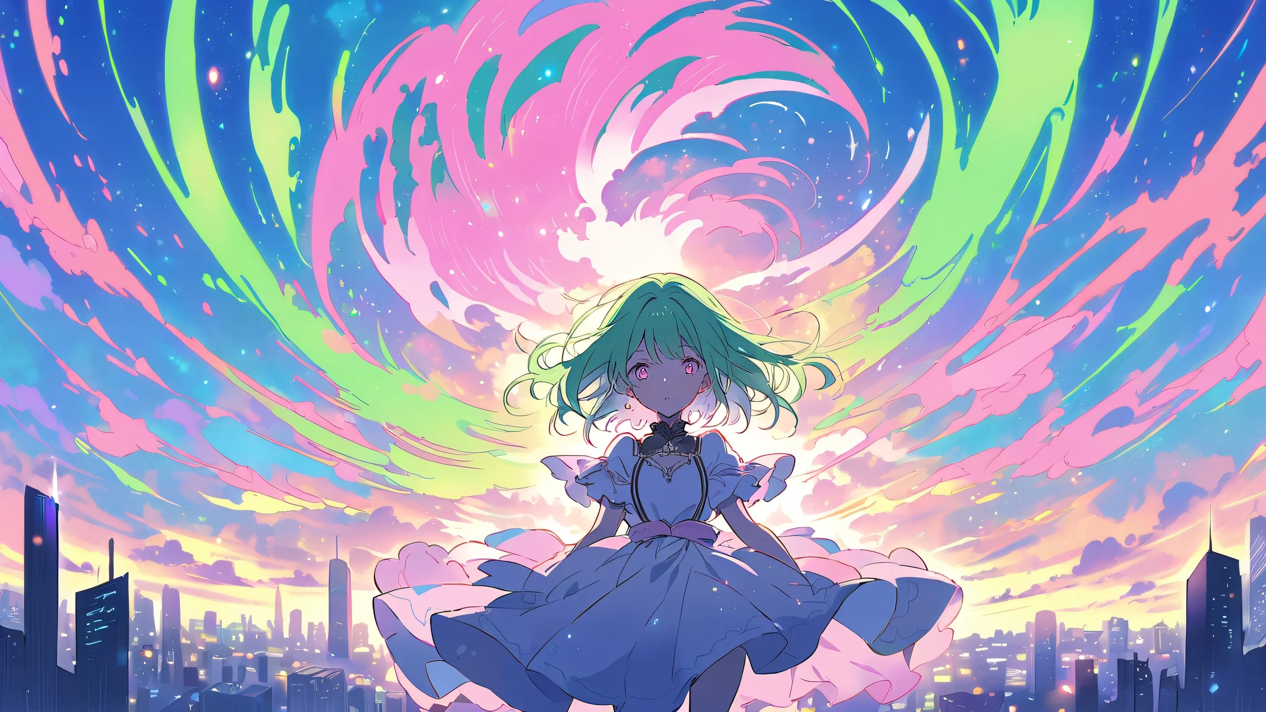 Ultra HD Ethereal Marin Sky Wallpaper Marin Kitagawa on a perfectly clean vast pure void Desktop/PC background with subtle futuristic cityscapes in the distance.