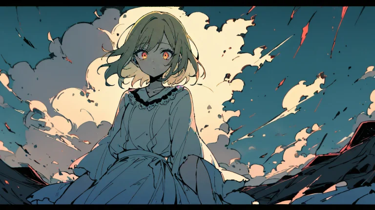 Marin Kitagawa from My Dress-Up Darling gazes out at the viewer amidst a barren, open landscape with crumbling edges and ash-like fabric, surrounded by a beautiful desaturated-toned sky.