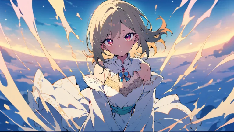 Marin Kitagawa looking at the viewer on a perfectly clean vast pure void with extreme depth of field and bright airy ethereal lighting, set against a beautiful sky