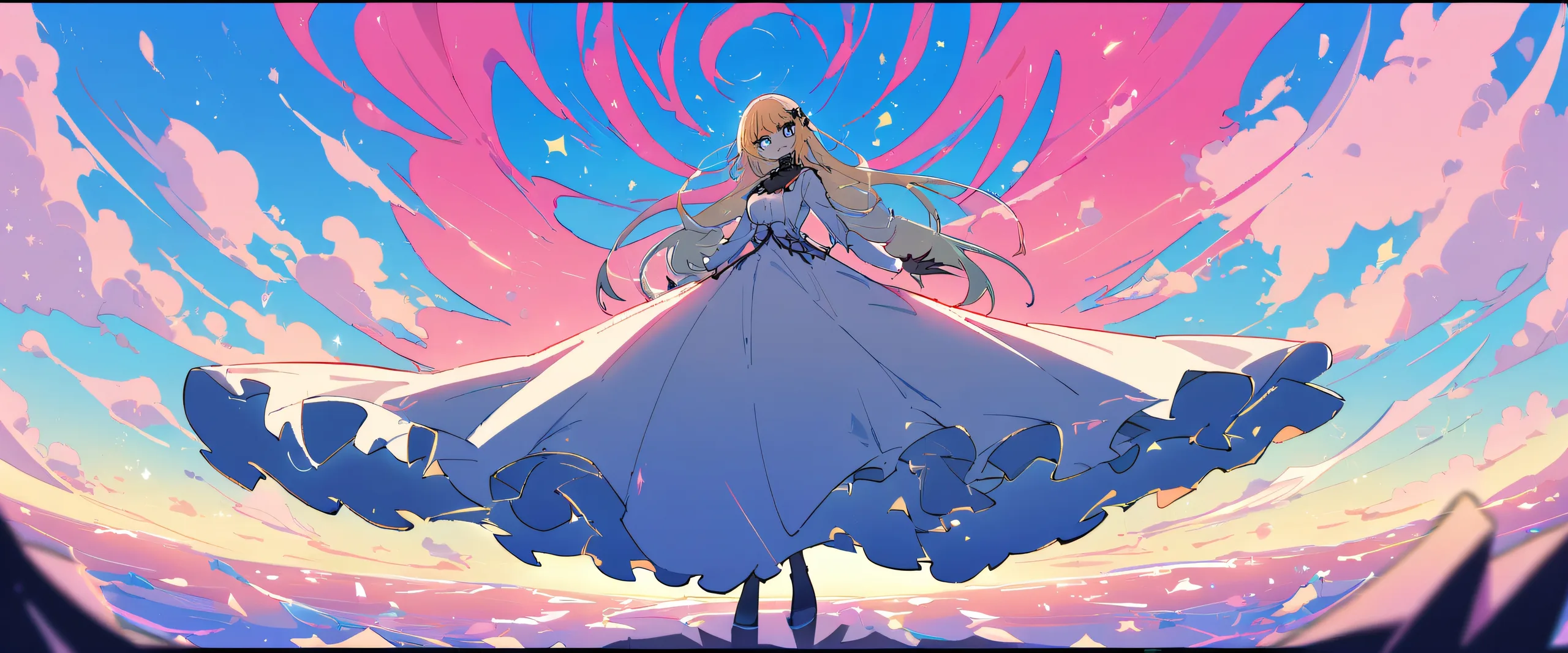 Marin Kitagawa from My Dress-Up Darling gazes at the viewer against a perfectly clean, vast, and pure void, set against an extreme depth of field with a beautiful sky in the background, designed for Desktop/PC.