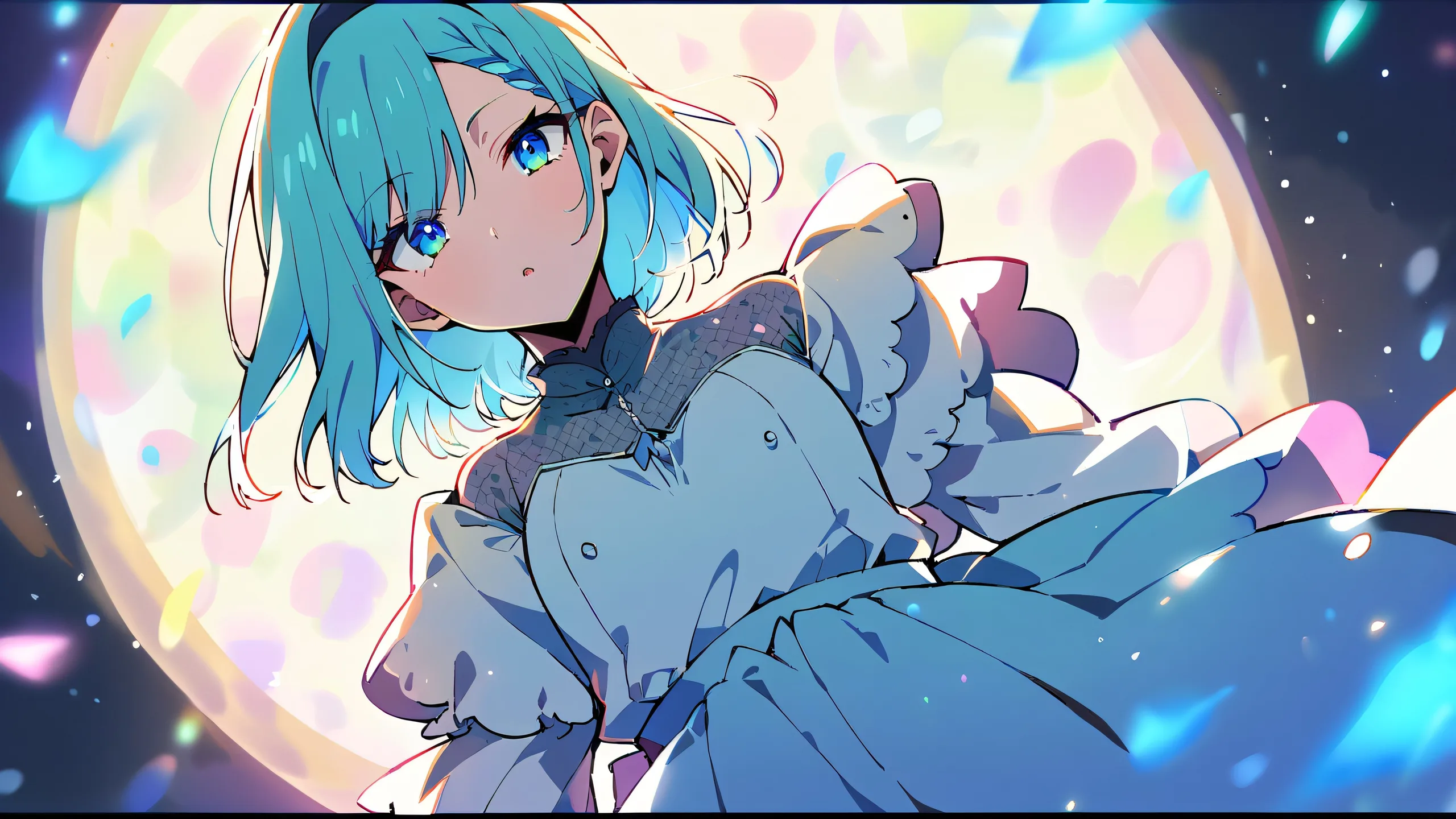 A stunning solo scene of Marin Kitagawa from My Dress-Up Darling gazing directly at the viewer on a perfectly clean and vast pure void, set against a soft pink and creamy white polka dot background, with an extreme depth of field.