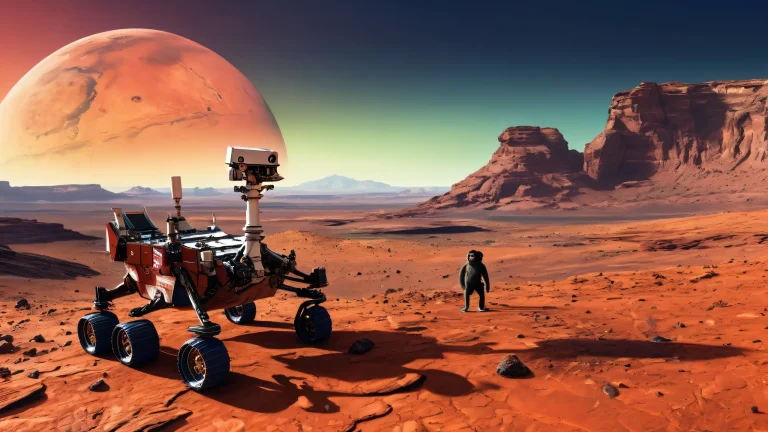 A stunning desktop wallpaper featuring a Mars Rover and Chimpanzee against a breathtaking red Martian sunset on a pure void, perfect for Desktop/PC use.