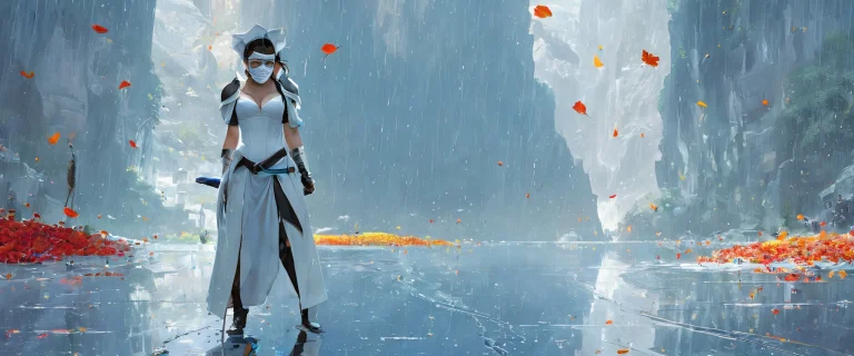 Masked heroine standing in a vast pure void with rainy atmosphere and desktop/pc background.