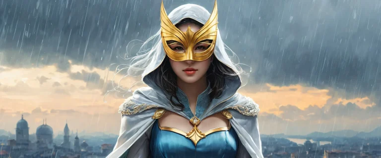 Masked heroine stands in a vast, pure void with a subtle rain effect and radiant lighting on a desktop/PC.