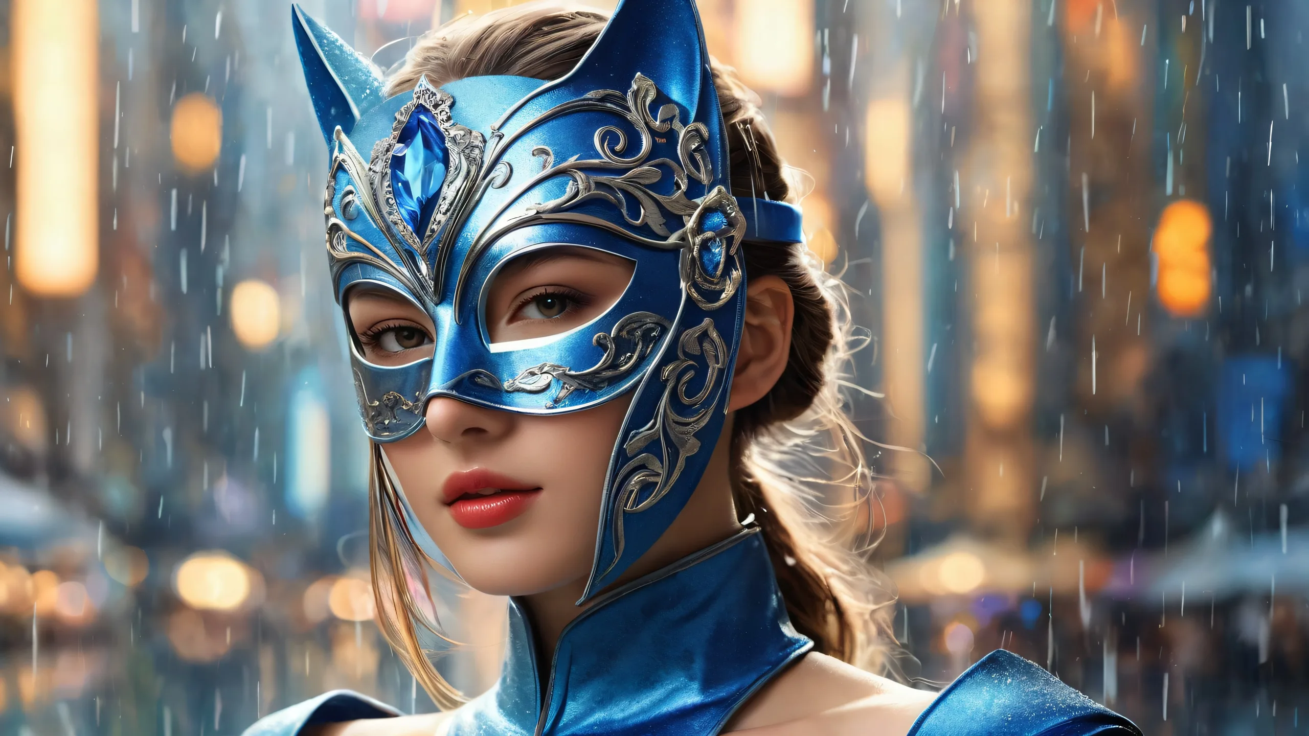 Award-winning digital art of a masked heroine set against a vast, pure void with a hint of rainy atmosphere on a desktop or PC.