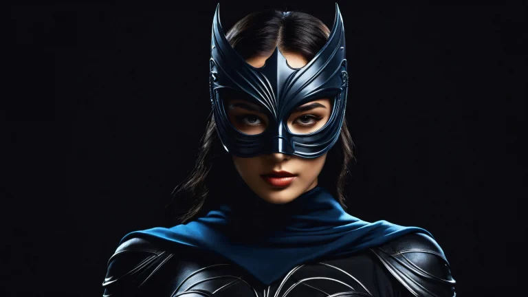 A stunning desktop image of a masked heroine set against a vast pure void with extreme depth of field, perfect for Desktop/PC backgrounds.