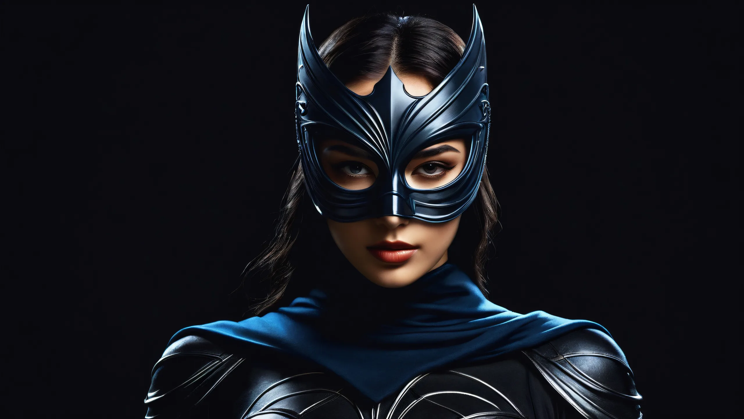 A stunning desktop image of a masked heroine set against a vast pure void with extreme depth of field, perfect for Desktop/PC backgrounds.