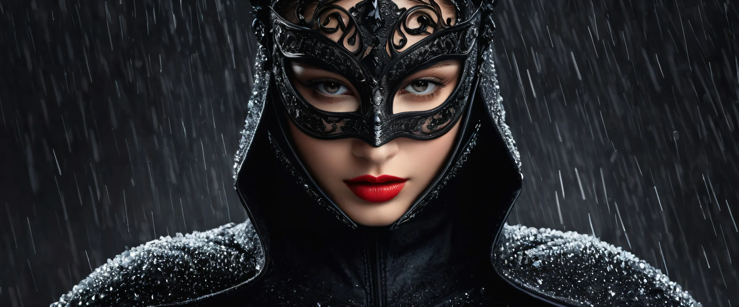 A masked heroine stands in a vast, pure void against a subtle rain backdrop on a desktop or PC.