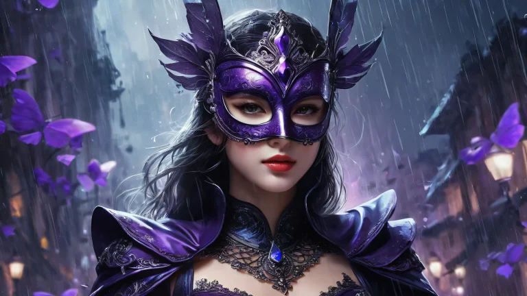 Masked Heroine standing in a vast, pure void with rain-soaked misty atmosphere on a Desktop/PC