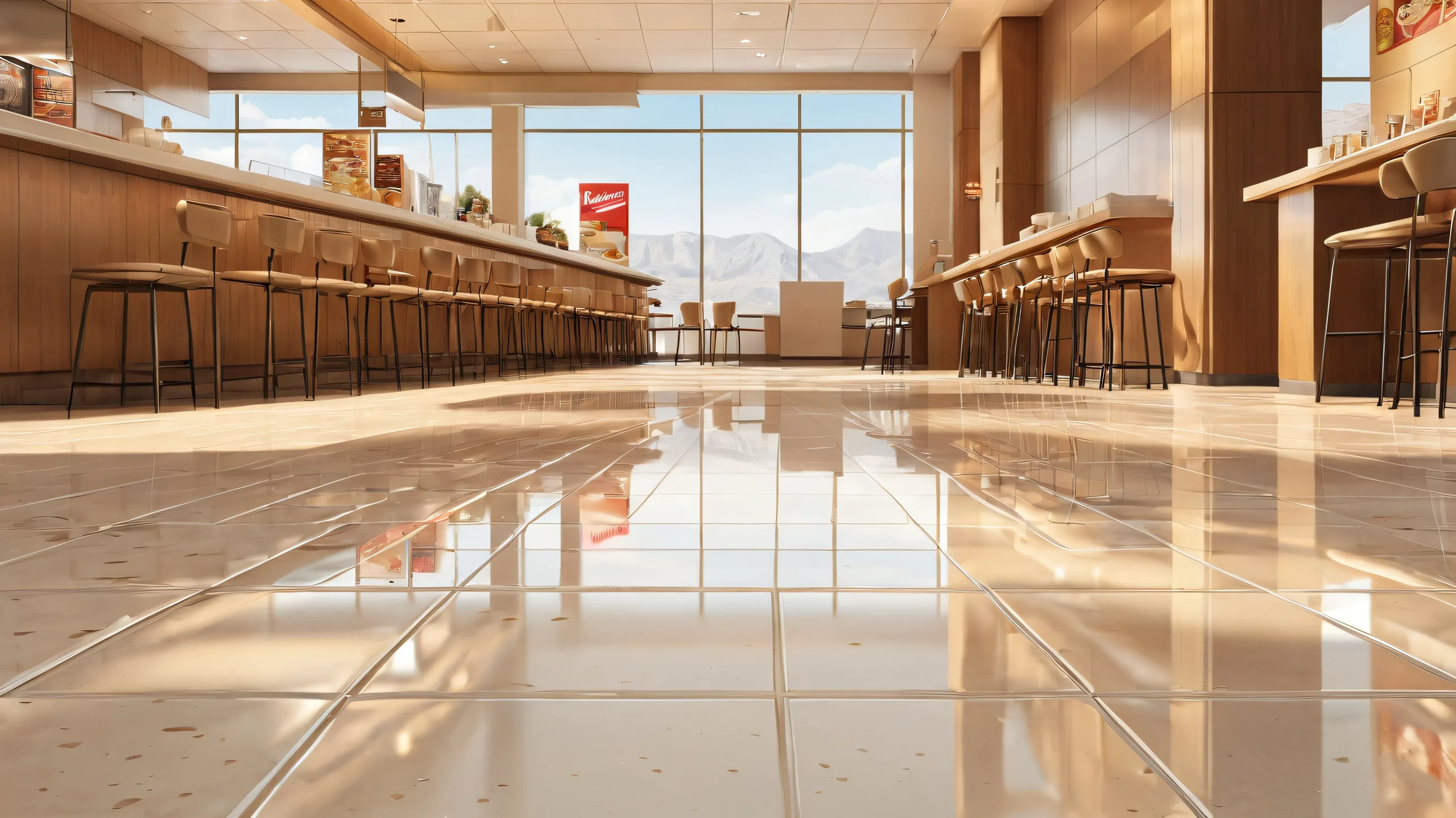 Breathtaking desktop wallpaper of a man standing on a dirty McDonald's floor with a vast, pure void in the background, perfect for a desktop or PC.