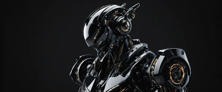 Desktop/PC wallpaper featuring a sleek mechanical bot set against a vast pure void with deep blacks and vibrant neon hues.