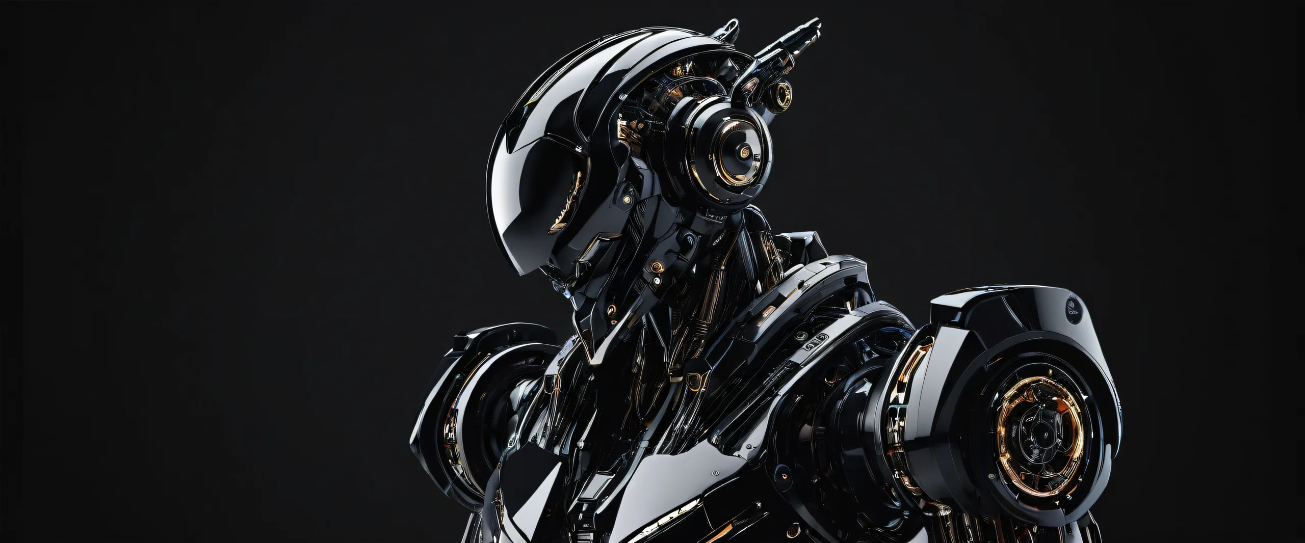 Desktop/PC wallpaper featuring a sleek mechanical bot set against a vast pure void with deep blacks and vibrant neon hues.