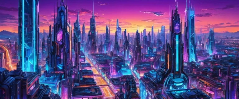 Mechanical cityscape on a pure void background for desktop/pc use. Radiant colors and ray traced reflections.