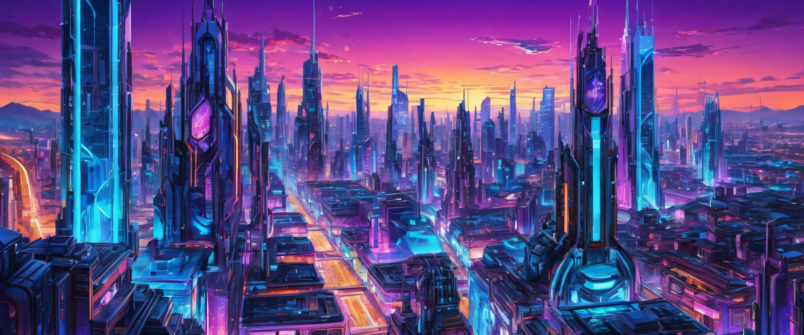 Mechanical cityscape on a pure void background for desktop/pc use. Radiant colors and ray traced reflections.