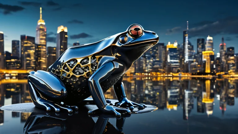 Mechanical Frog amidst a serene urban setting with city skyline and water reflections, perfect for Desktop/PC