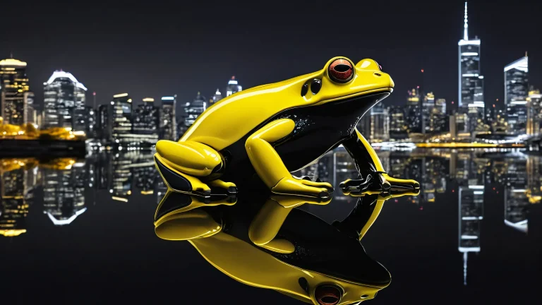 A mechanical frog amidst a modern city skyline reflected on the water's surface for desktop/PC use.