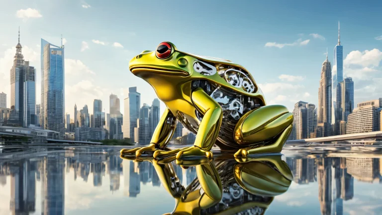 Desktop/PC wallpaper featuring Mechanical Frog in a modern city skyline with reflections on the water, showcasing nature and technology coexisting in harmony.
