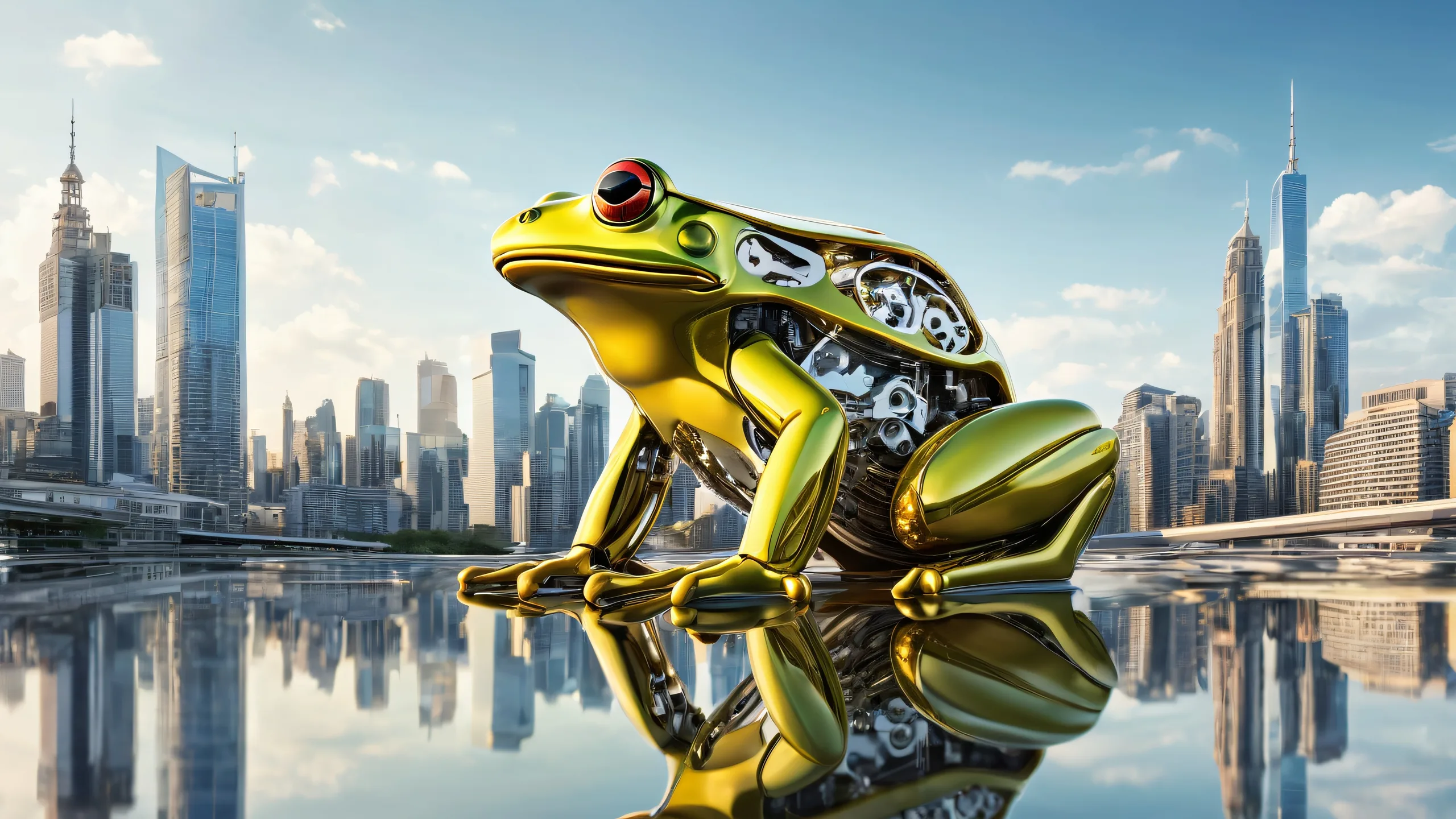 Desktop/PC wallpaper featuring Mechanical Frog in a modern city skyline with reflections on the water, showcasing nature and technology coexisting in harmony.