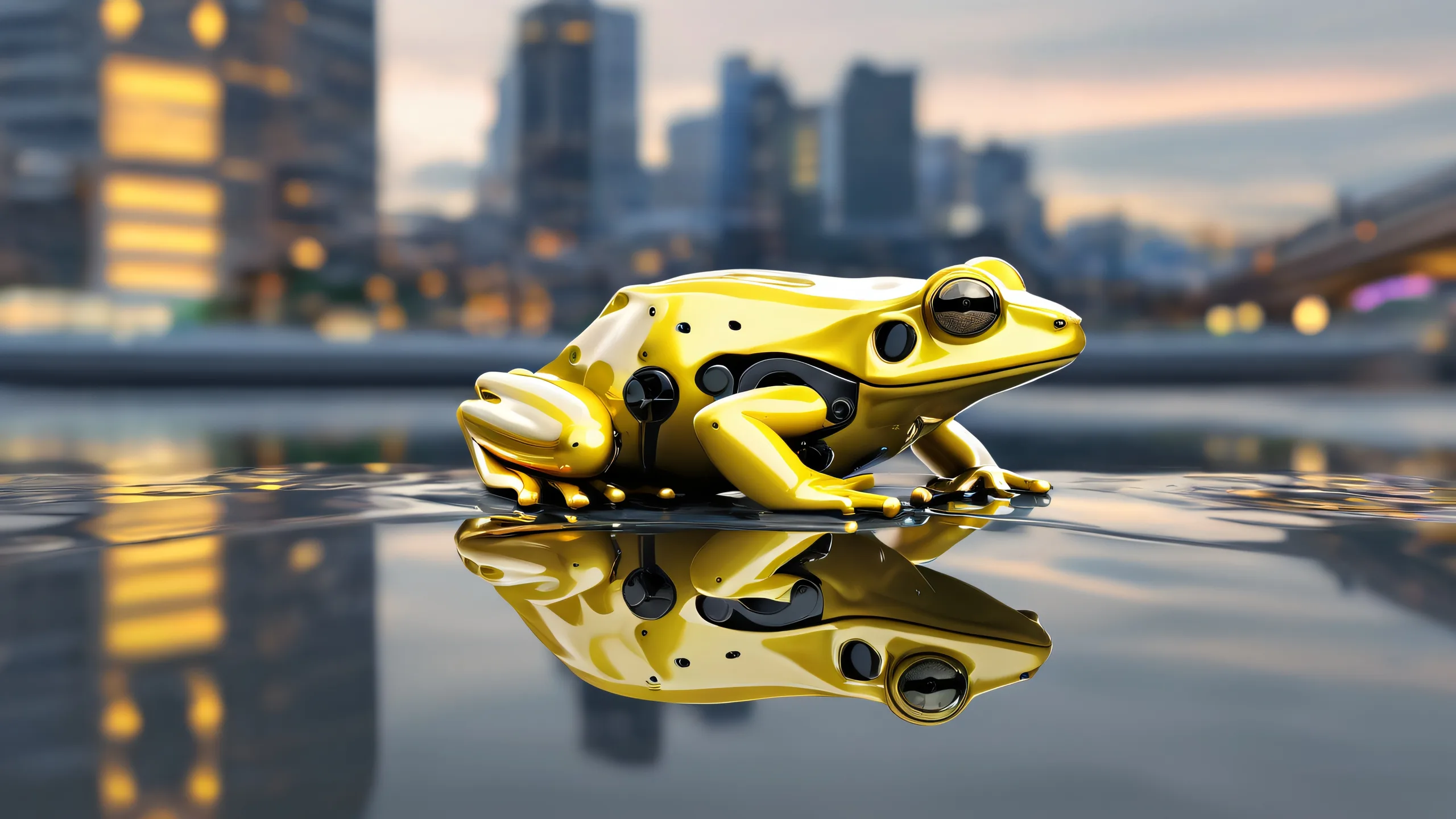 A beautiful desktop wallpaper featuring Mechanical Frog in a vast pure void with reflections on the water, cloudy sky, and urban setting for Desktop/PC