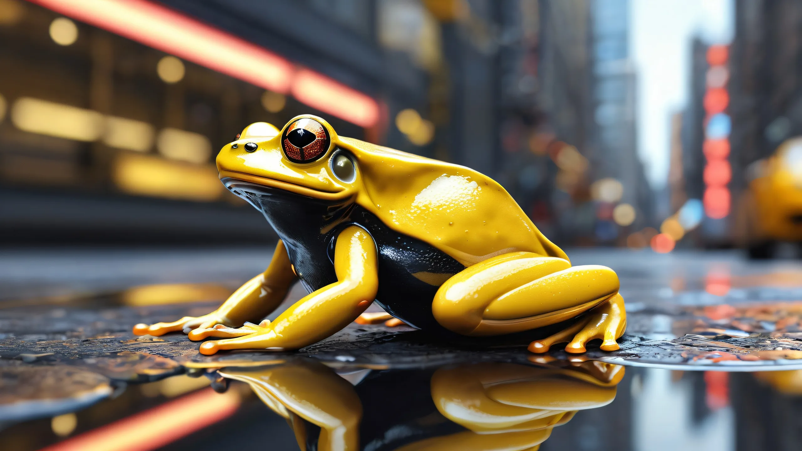 Ethereal Frog Oasis 4K UHD Wallpaper Desktop/PC wallpaper featuring a mechanical frog in an urban oasis with brilliant colors and ray traced reflections.