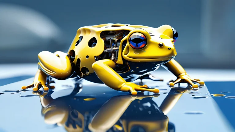 Une majestueuse grenouille mécanique perchée au milieu d'un vaste, pur vide sur votre bureau/PC, entouré de couleurs éclatantes et de reflets brillants.