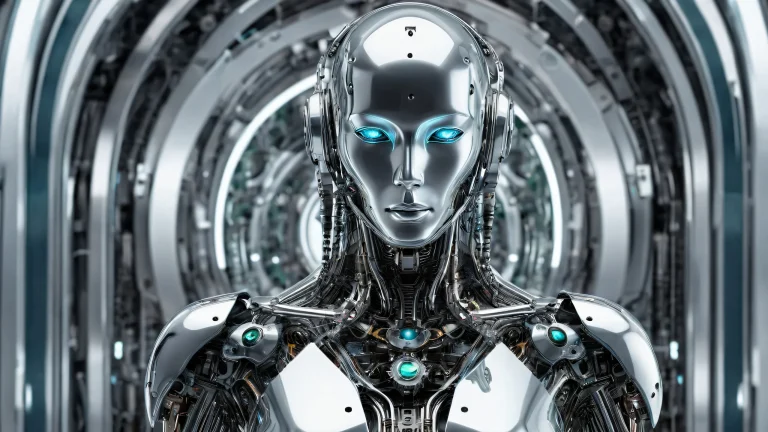 A futuristic desktop background featuring a mechanical human standing out against a vast pure void with ethereal lighting and brilliant colors.