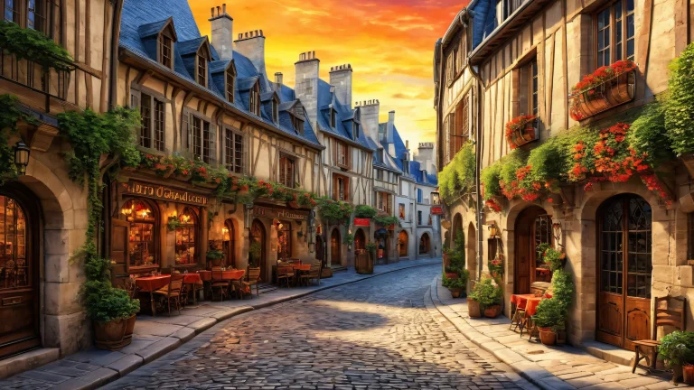 A breathtaking medieval street scene in Paris on a desktop or PC, with ethereal lighting and radiant colors.