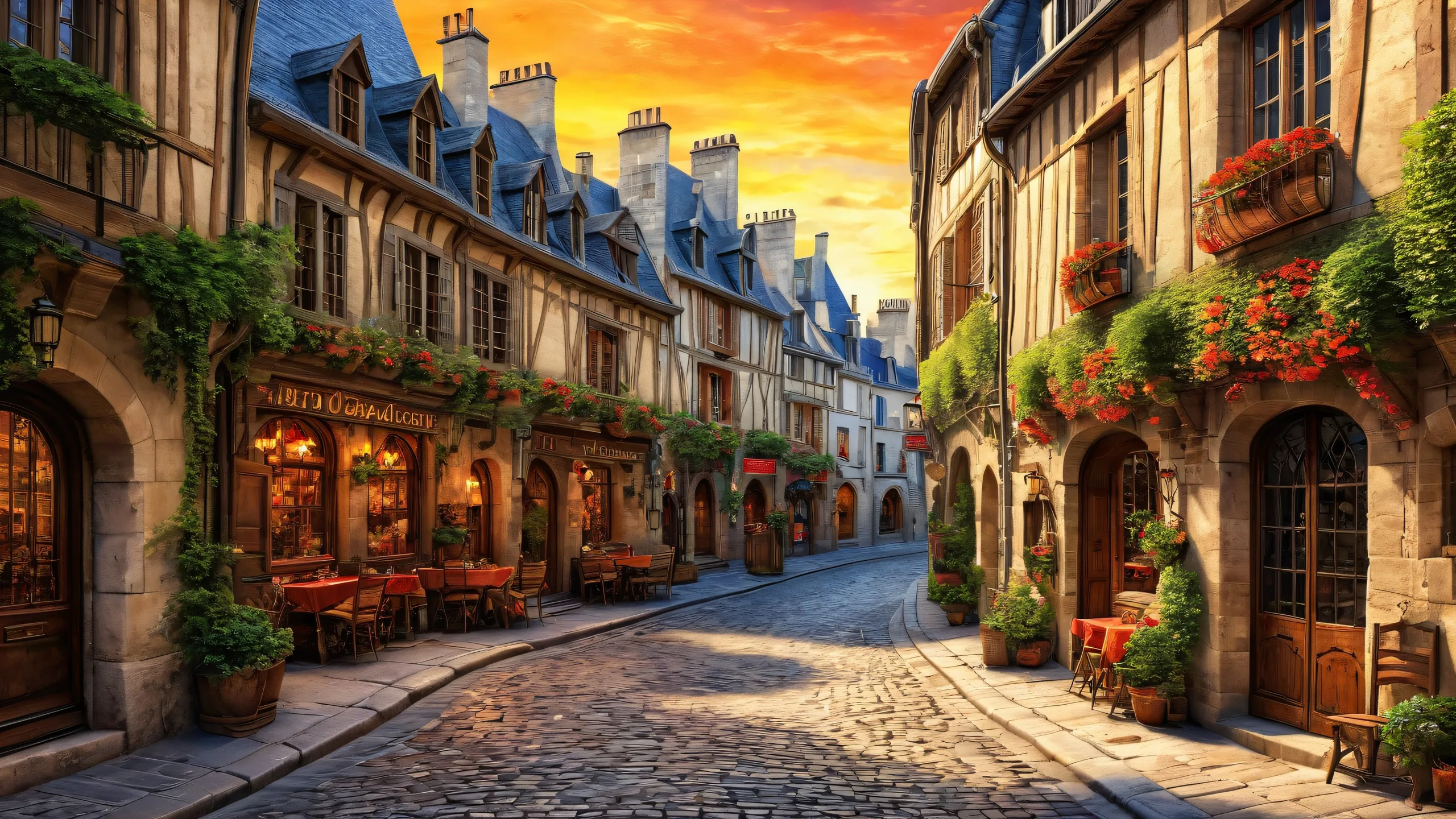 A breathtaking medieval street scene in Paris on a desktop or PC, with ethereal lighting and radiant colors.
