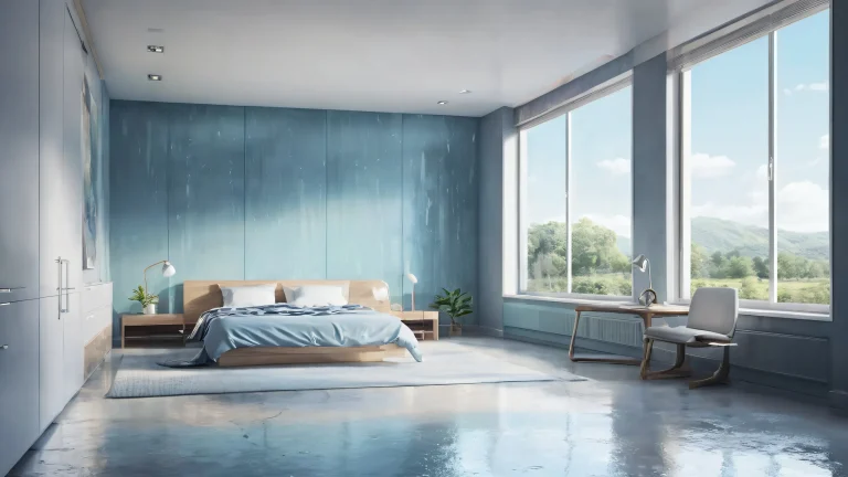 A serene desktop scene of Ditto in a dark room with rain outside, perfecto para tu escritorio/PC.