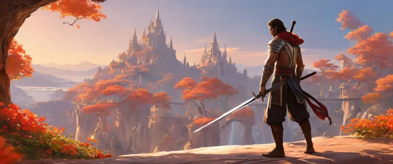 Men with sword standing in a vast pure void on a desktop/PC