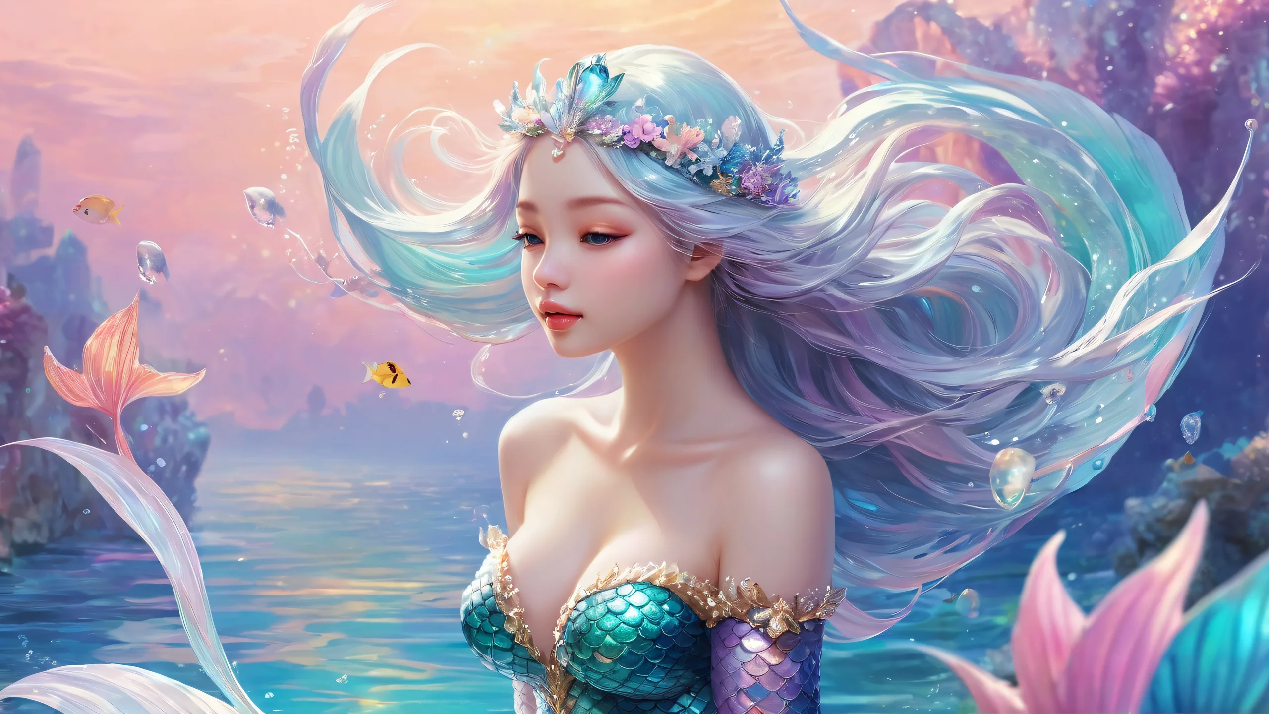 A stunning mermaid desktop wallpaper for your PC or laptop, featuring a serene and peaceful underwater scene with a perfect blend of radiant colors and pristine clarity.